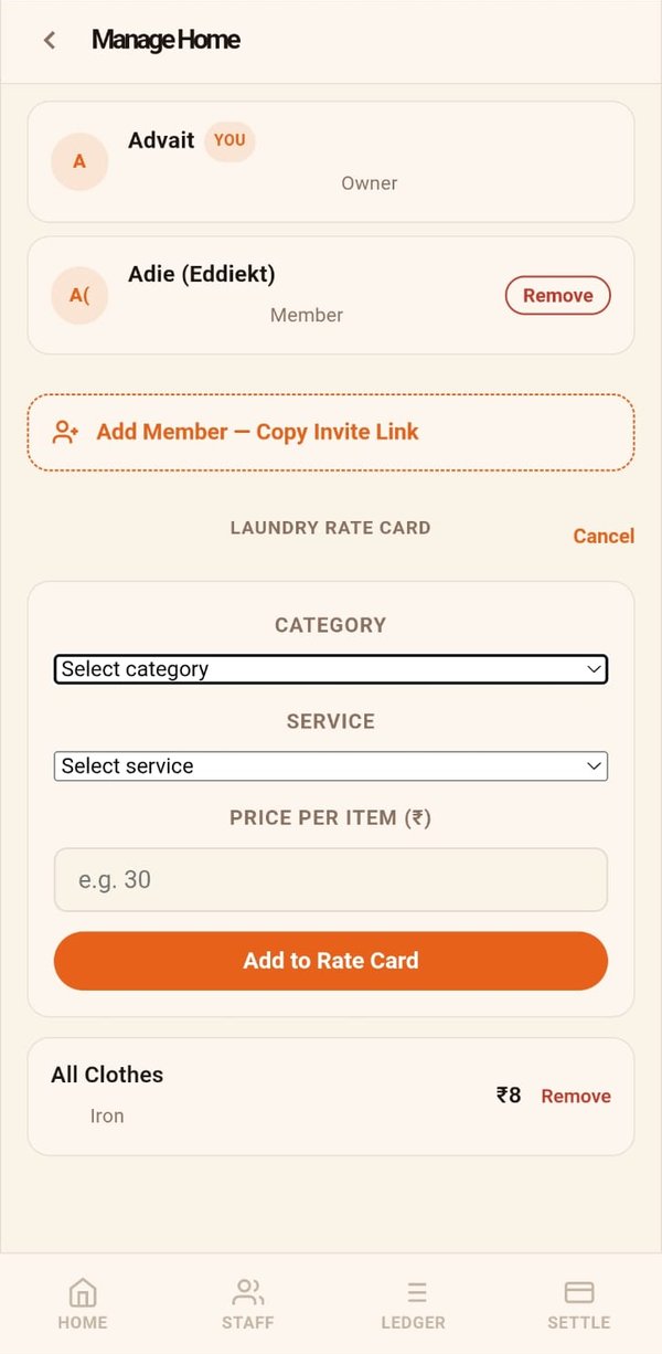 Laundry rate card with category, service and price per item
